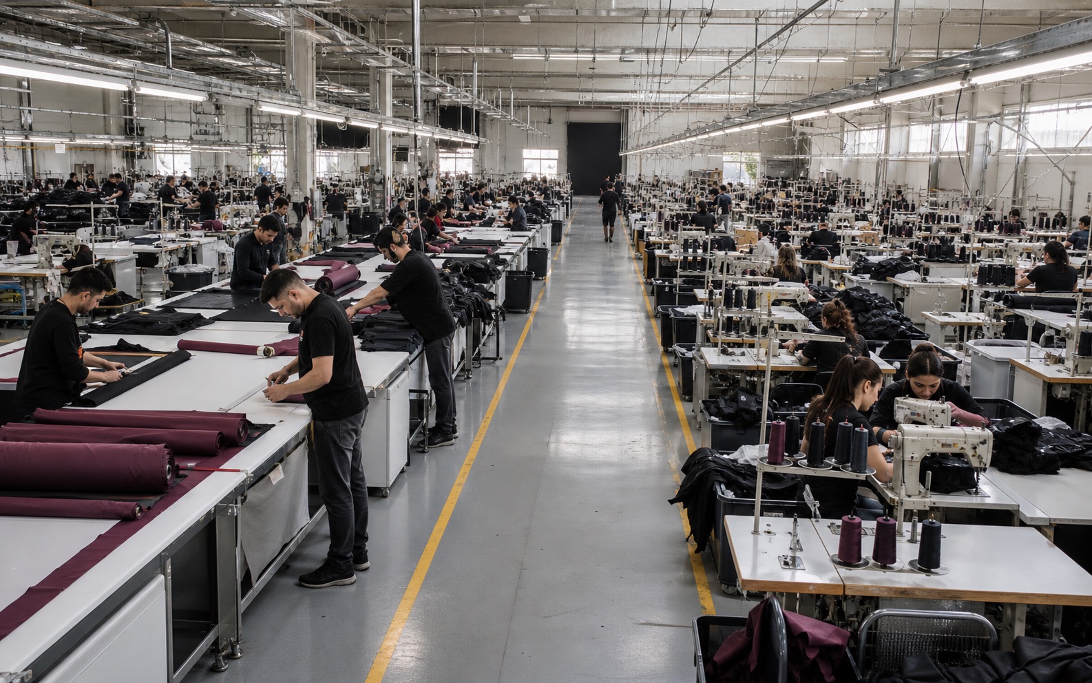 Large technical apparel factory with long rows of cutting and sewing stations